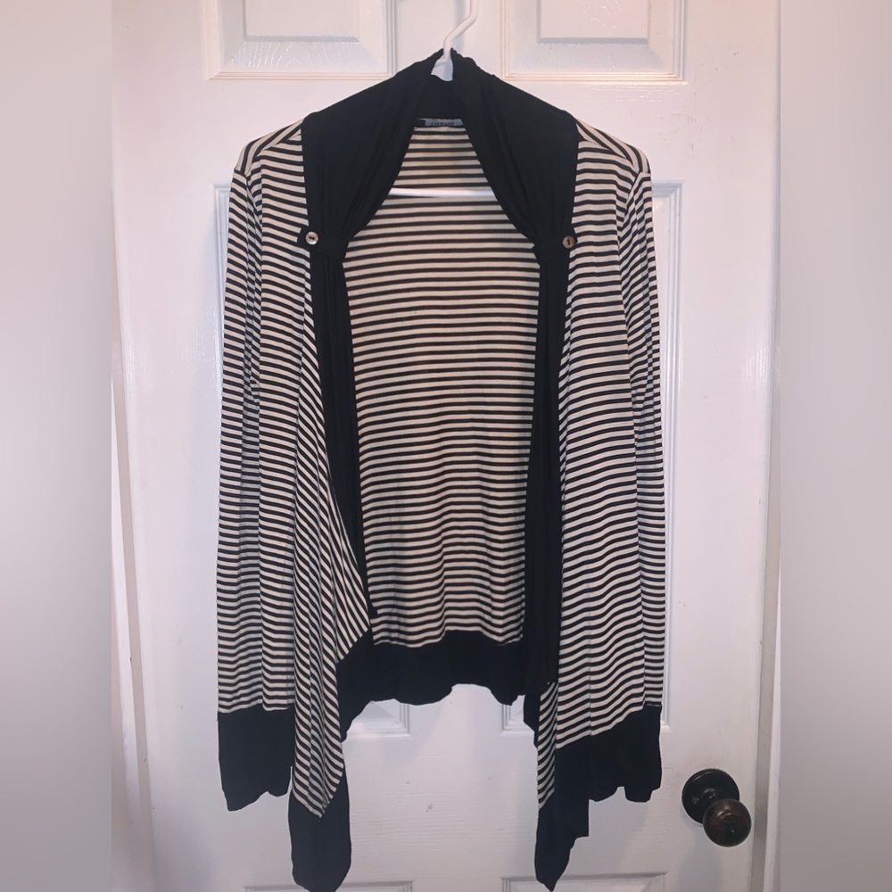 Black and white striped cardigan.